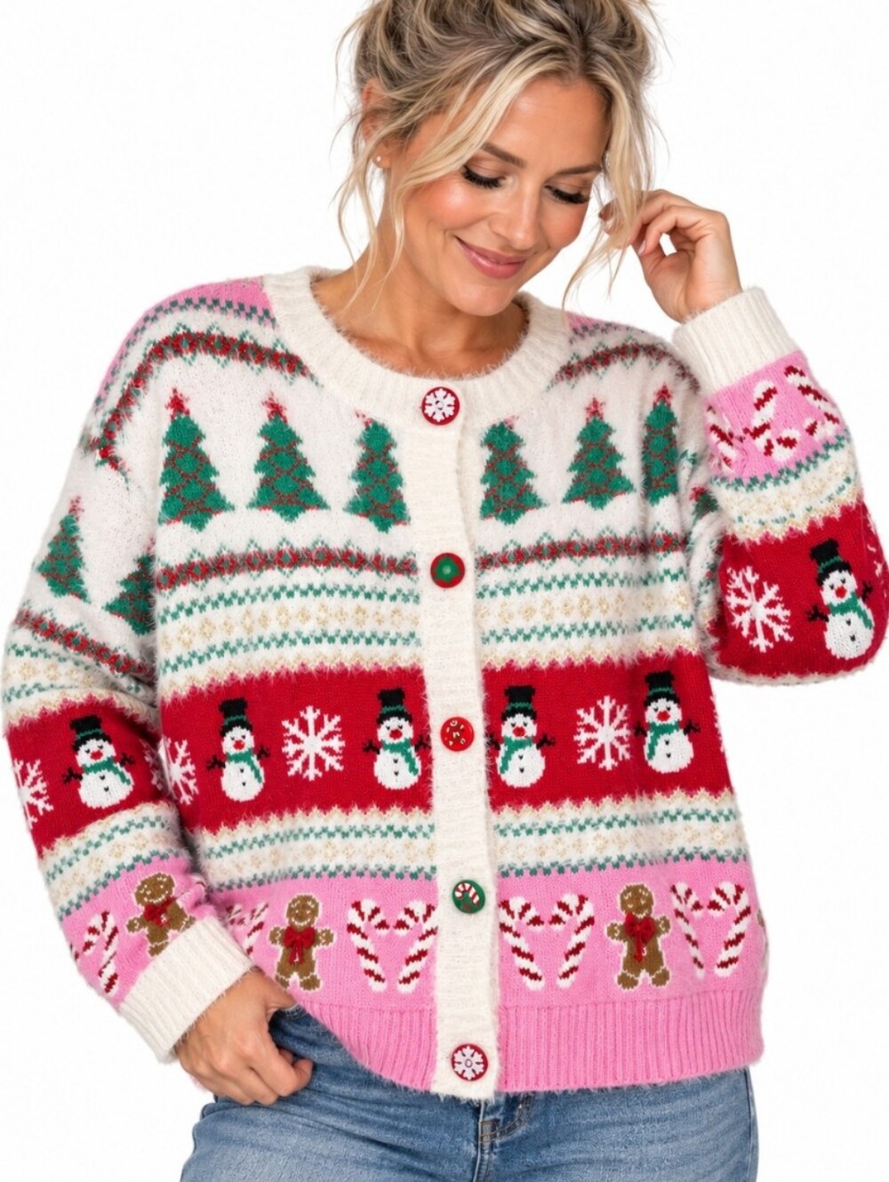 33 Degrees Women’s XL Christmas Cardigan Snowman Gingerbread Fuzzy Sweater